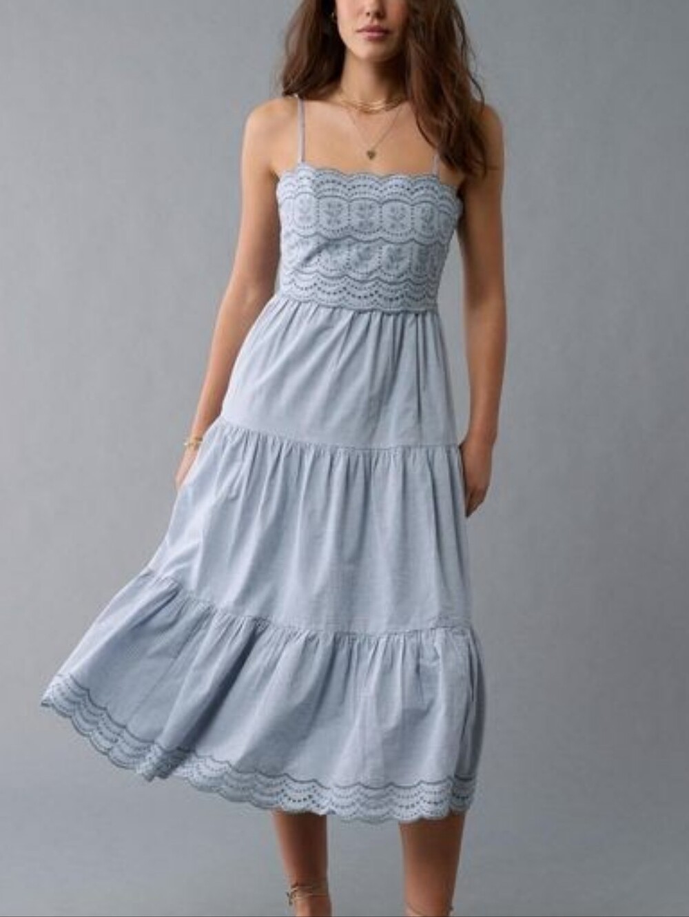 American Eagle Scalloped Tiered Midi Dress Light Blue Size XXL NWT